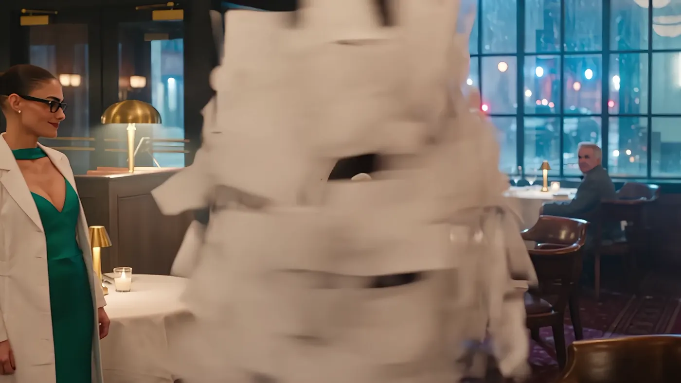 A tornado of white napkins spins where Dale was standing.