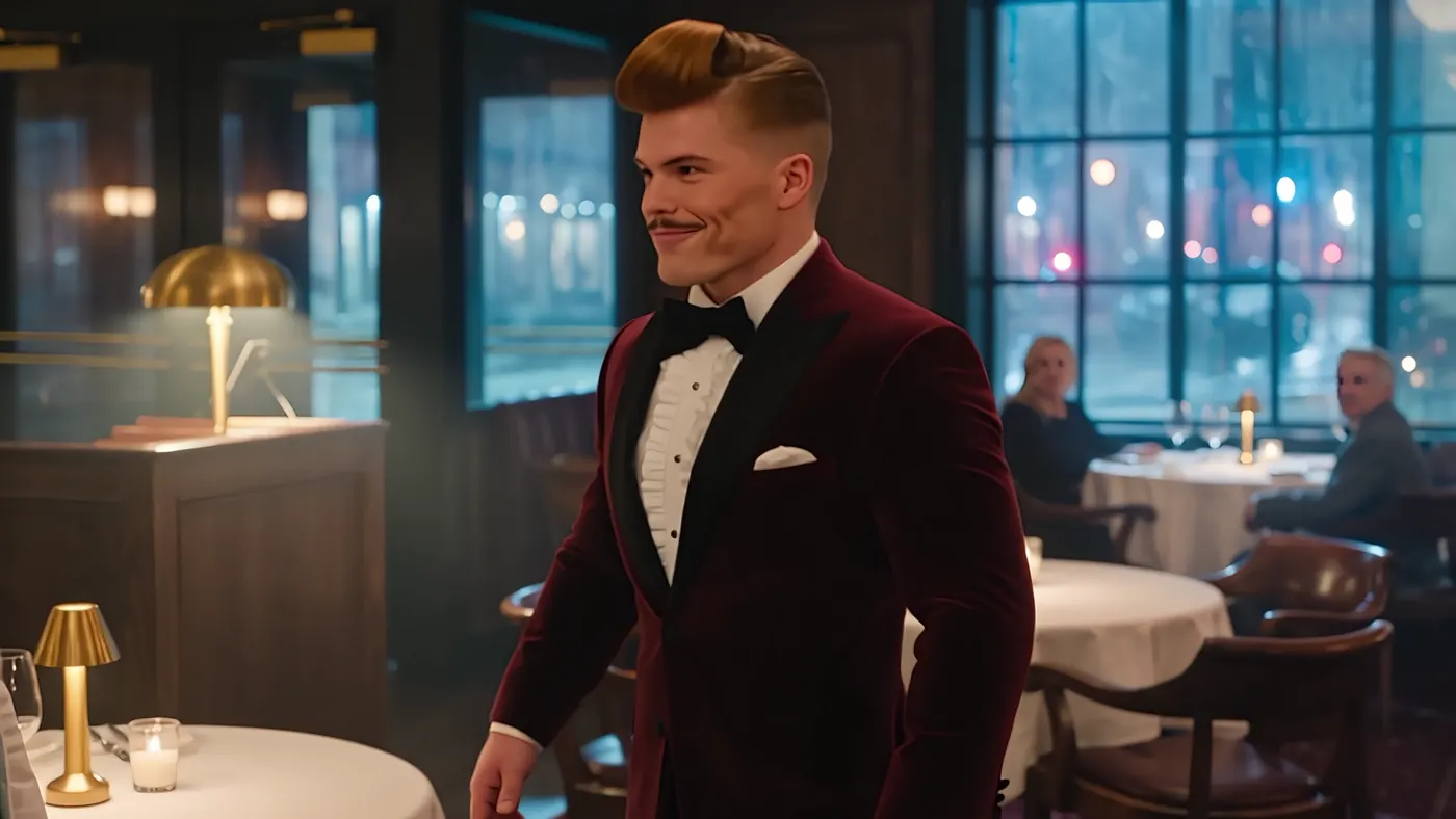 Dale, transformed, grins in his velvet tuxedo by the window.