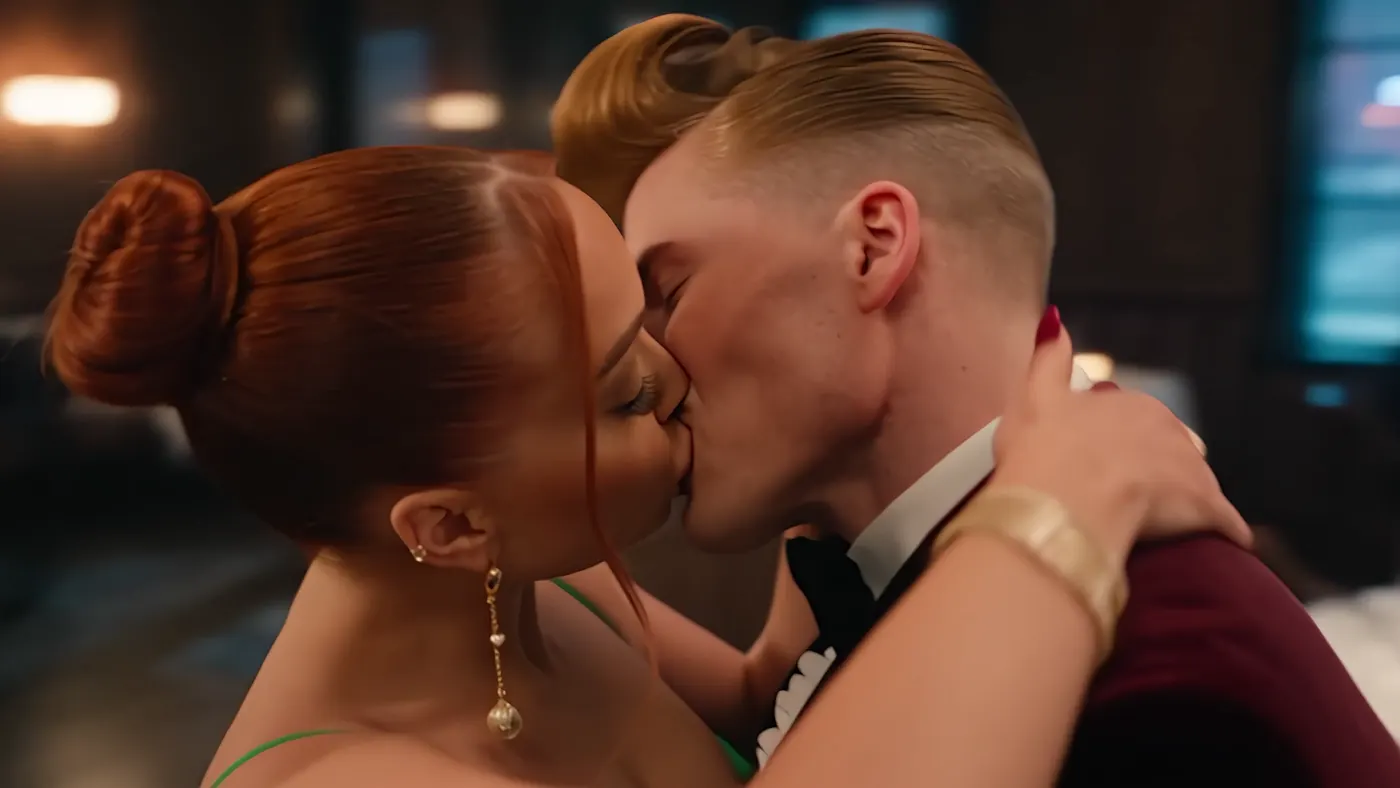 Vanessa and Dale share a kiss at the table.