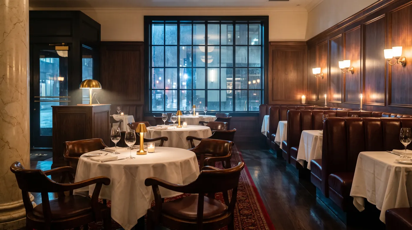 The empty steakhouse set: wood panelling, brass lamps, white tablecloths, red leather booths and tall windows onto a rainy street.