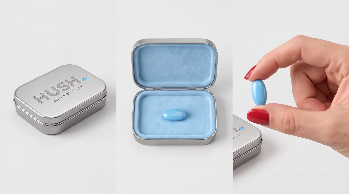 The HUSH tin in three views: closed with the embossed wordmark, open on a sky-blue pill, and a pill held between red-nailed fingers.