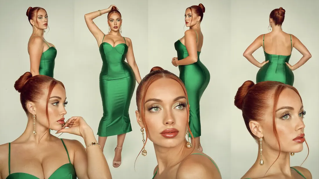 Character sheet for Vanessa: red hair in a bun, a green satin dress, full length and close portraits.