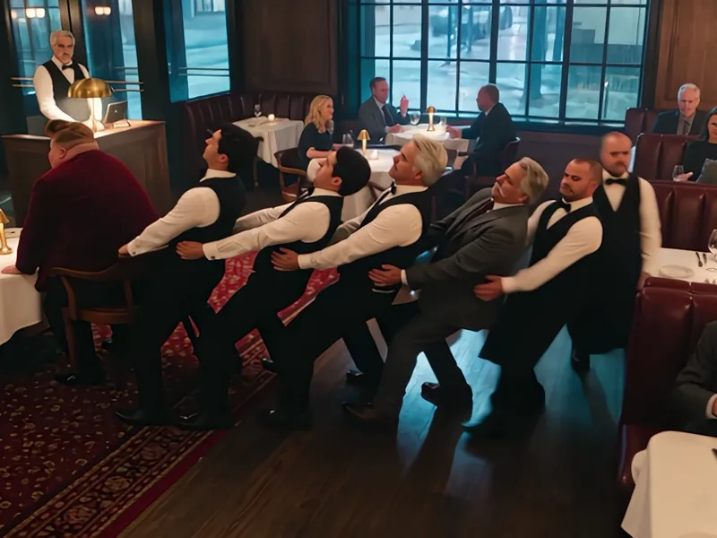 A steakhouse dining room: a line of waiters and a diner in a tug-of-war chain, pulling a man in a velvet tuxedo out of his chair