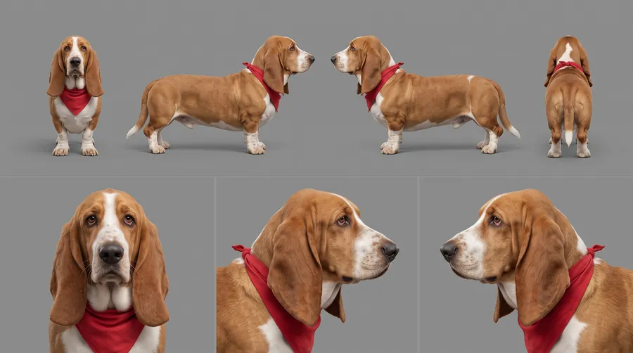 Biscuit's sheet: a basset hound in a red bandana, from the front, both sides and behind, with close-ups.
