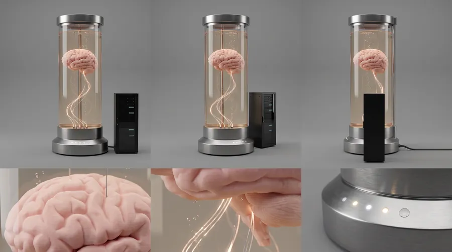 The bioreactor sheet: a glass cylinder holding pink neural tissue on a steel base, three views and three close-ups.