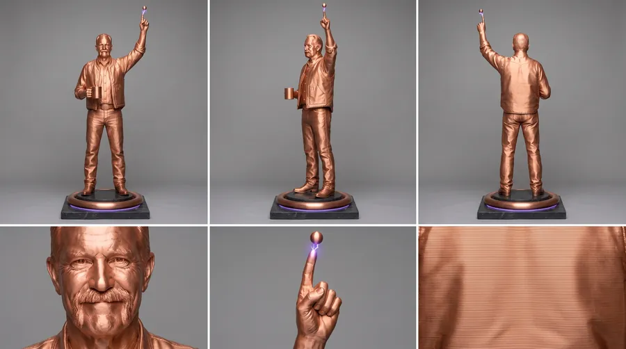 The copper statue sheet: a copper figure of Earl pointing skyward on a lit plinth, three views with close-ups of the face, the spark at the fingertip and the metal finish.