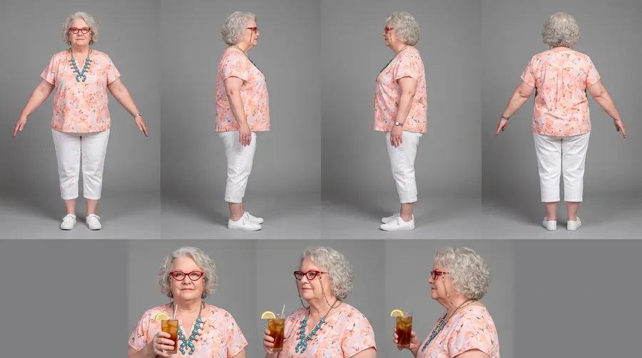 Darlene's character sheet: an older woman with curly grey hair, red glasses and a peach floral blouse, turnaround views and close-ups holding iced tea.