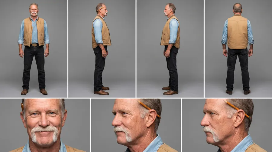 Earl's character sheet: an older man with a white moustache in a tan vest and blue shirt, four turnaround views and three head angles.