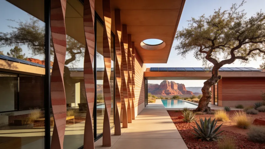 The house design: a long walkway of twisted printed columns beside a pool, red rock beyond.