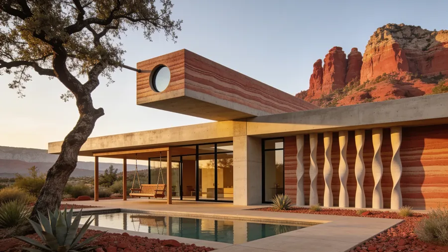 The house exterior: a cantilevered banded-concrete box with a round window over a pool, a twisted tree in front, desert buttes behind.