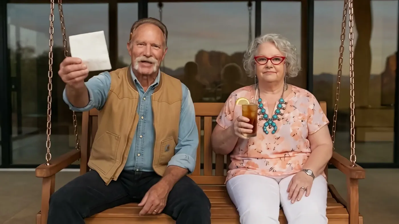 Earl and Darlene on a porch swing outside their house at golden hour, Earl mid-line about the napkin.