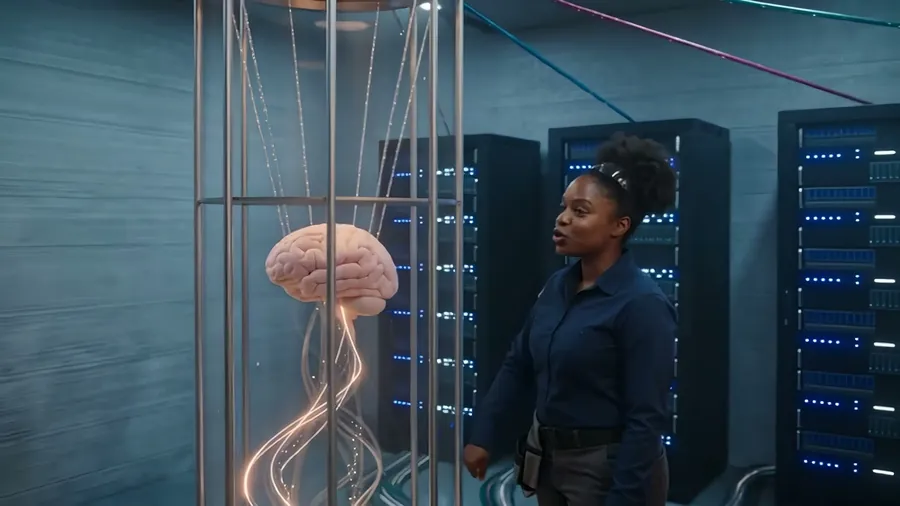 The Brain Room: the lead engineer beside a glass bioreactor holding printed neural tissue.