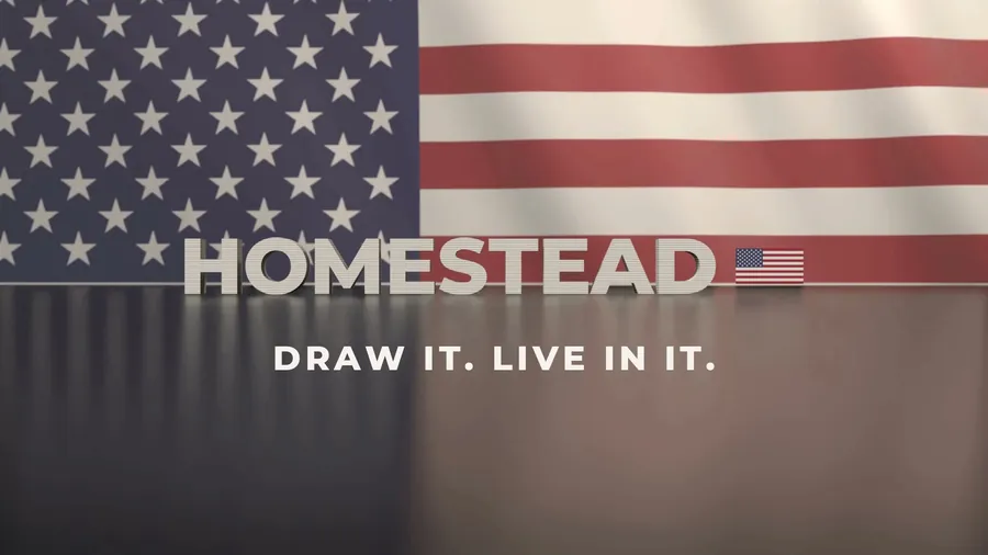 The end card: the HOMESTEAD wordmark printed in layered concrete in front of a US flag.