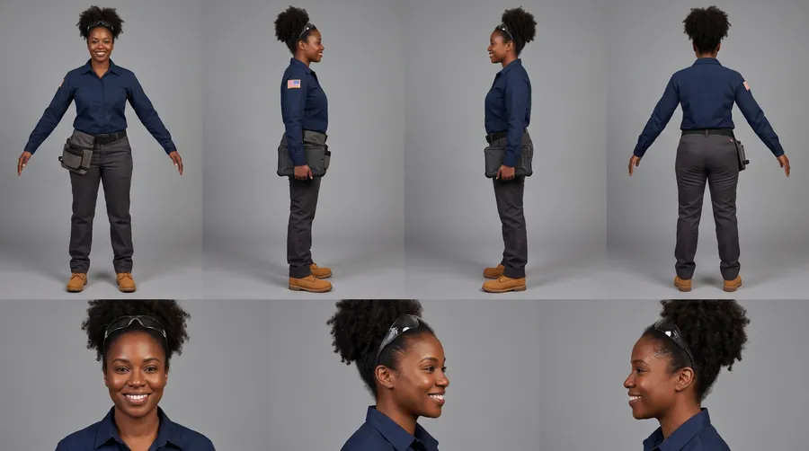 Maya's character sheet: a young engineer in a navy work shirt and tool belt, turnaround views and three head angles.