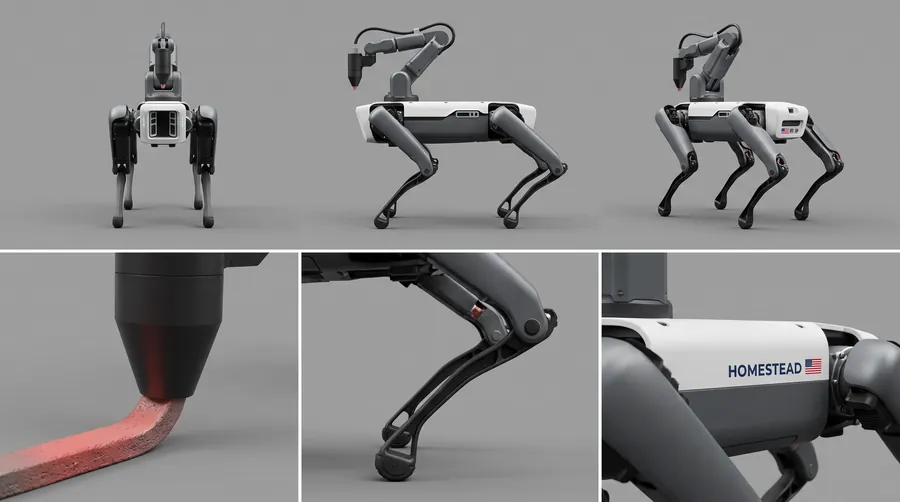 The print robot sheet: a four-legged white and graphite robot with a print nozzle arm, three views with details of the nozzle, the leg and the body.