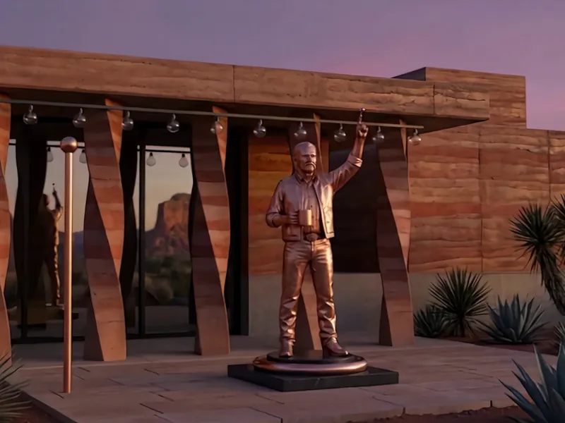 A copper statue of a homeowner pointing skyward at dusk beside a banded-concrete desert house