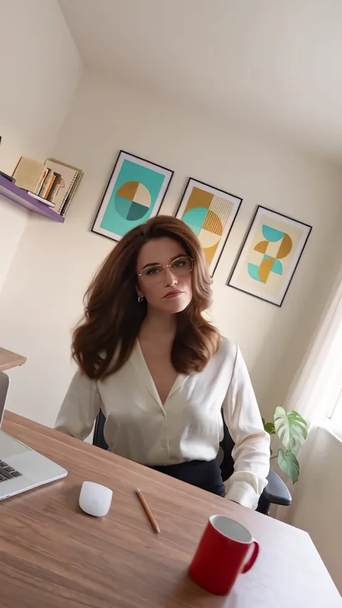 The whole room tilted at an angle around her desk, the framed prints and plant leaning, as she tilts her head to match it.