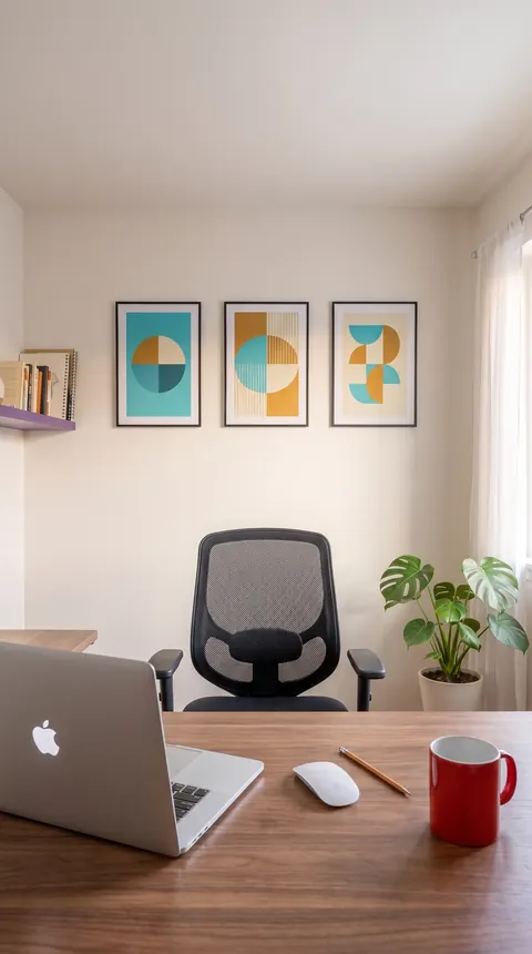 The empty home office set: a teak desk with a laptop, mouse, pencil and red mug, a mesh chair, three geometric prints and a plant by the window.