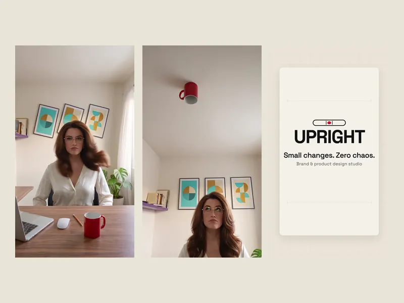 Three vertical frames: a woman at her desk as the room lurches, a red mug upside down on the ceiling, and the UPRIGHT end card
