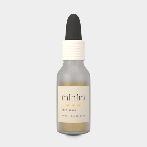 Front view of the frosted serum bottle, a 3D packshot: white collar, black dropper bulb and the minim label facing the camera.