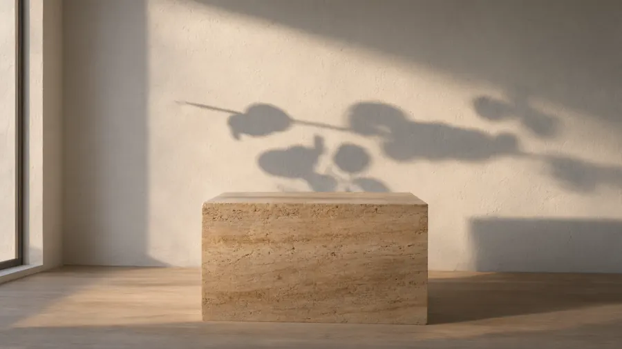 A sunlit plaster room with a travertine plinth and the shadow of leaves falling across the wall.