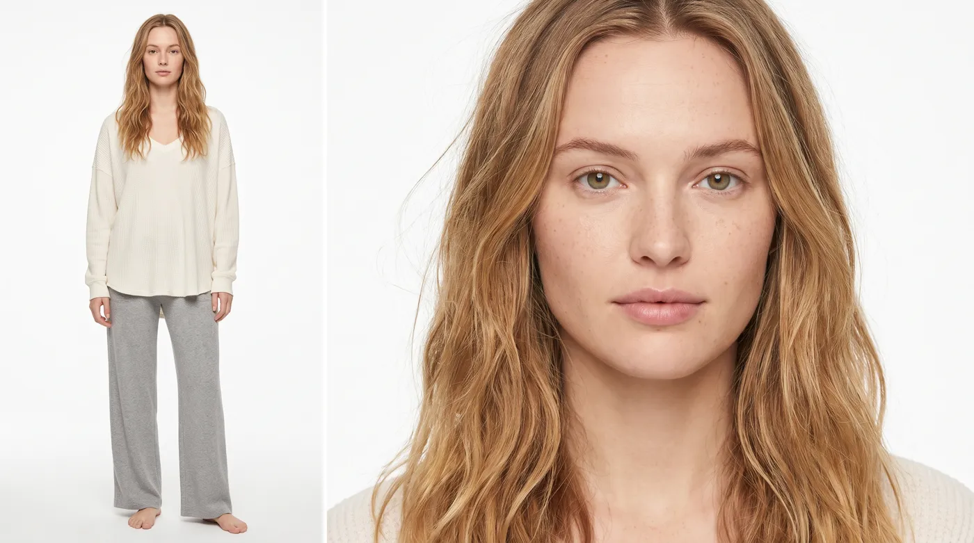 A character look sheet on a white ground: a young woman with wavy honey-blonde hair in a cream waffle top and grey trousers, full length, beside a close portrait of her face.