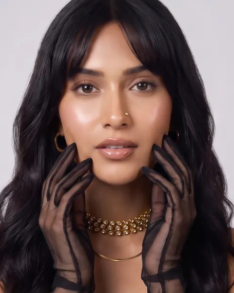 Maya, the crew leader, in a noir-and-gold beauty close-up.