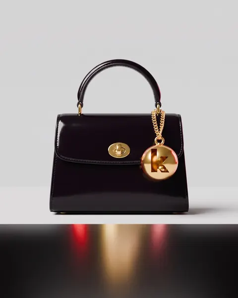 A handbag with the gold bell charm.