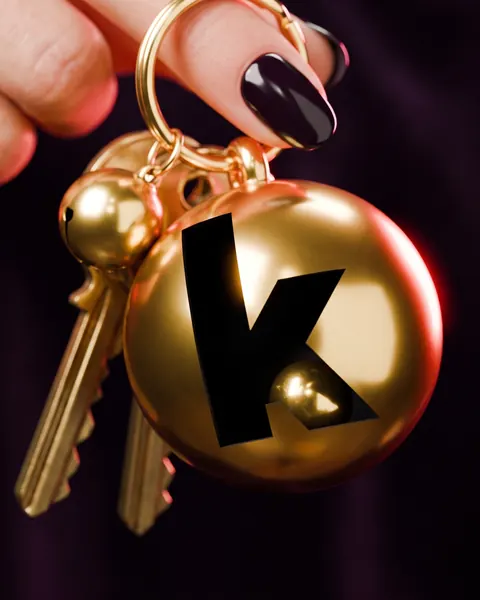 The gold bell keyring held in a hand.