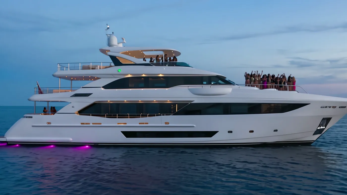 The yacht at blue hour, a crowd along the upper deck, underwater lights glowing violet on the water.