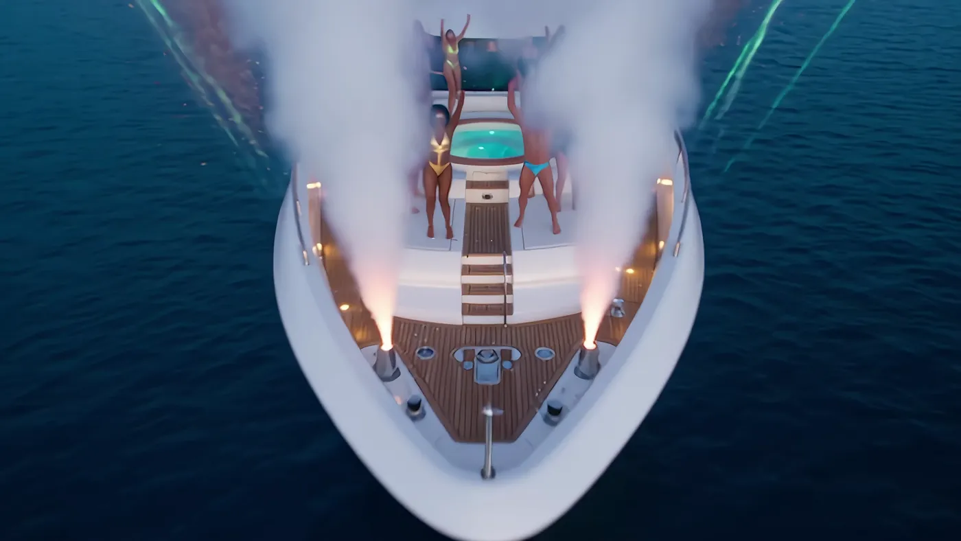 Aerial straight down on the bow: two columns of cold CO2 vapour, a jacuzzi glowing teal and dancers on the foredeck.