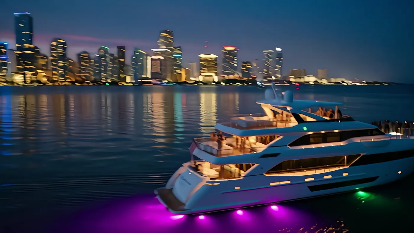 The yacht at anchor before the Miami skyline at dusk, lit windows reflected in the water.