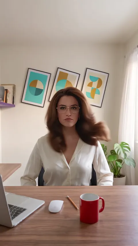 A woman in glasses and a cream blouse at her desk, facing the camera, while the room behind her lurches sideways and her hair swings.