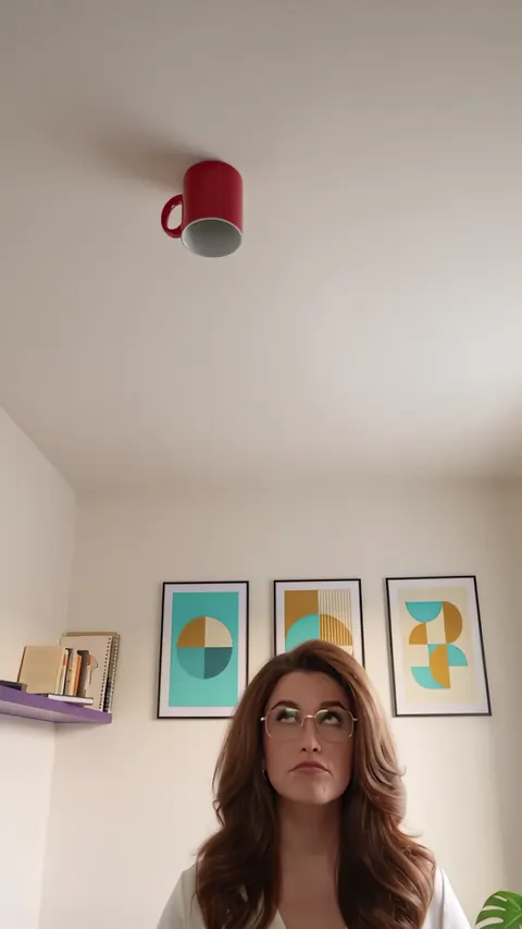 A wide look up: a red mug sits upside down on the ceiling, and she looks up at it from the bottom of the frame.