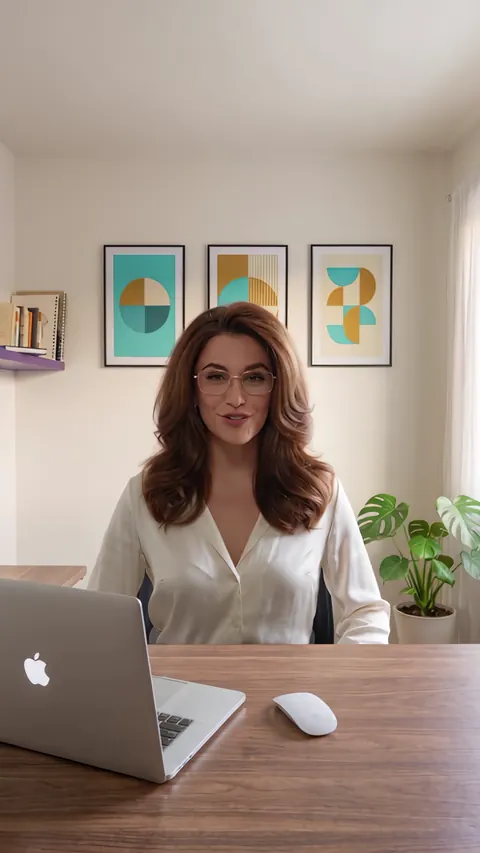 Back at the desk, the room level again, she gives the camera a tired half smile with her hand back on the mouse.