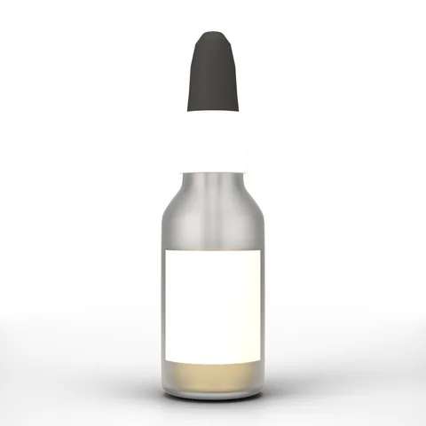 The frosted serum bottle on a white background with a blank label, ready to carry a client's brand.