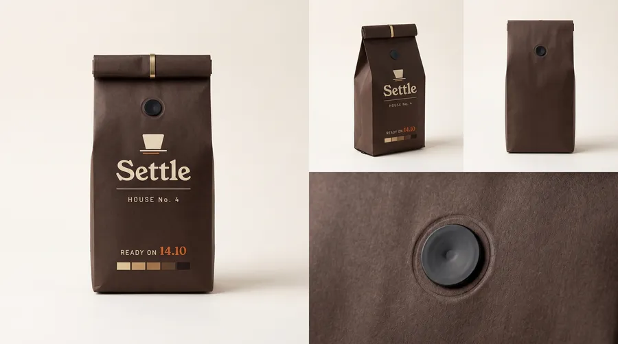 The Settle coffee bag in four views: front, three-quarter, side, and a macro of the one-way valve, on a warm paper ground.