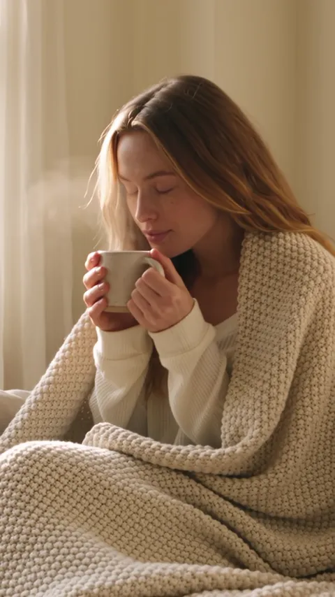 A woman wrapped in a chunky knit blanket on a sofa, holding a stoneware mug up to her face with her eyes closed.