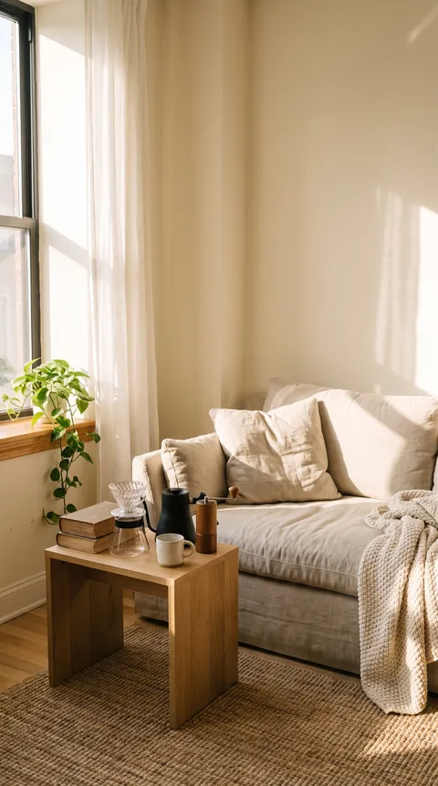 A sunlit living room: a linen sofa with a knit throw, a wooden side table with a pour-over, kettle, grinder and mug, and a plant by the window.