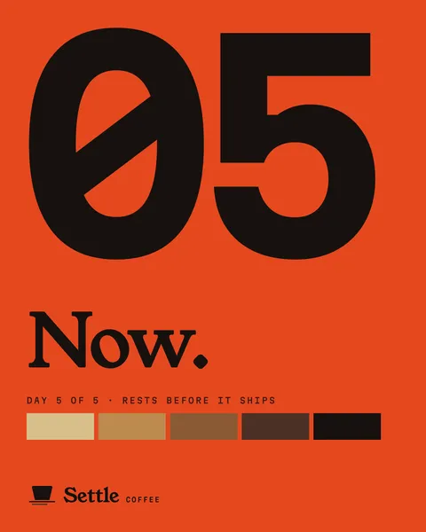 Poster three, 4:5: the numeral 05 and the word Now on the ready-orange ground, with the Settle mark.