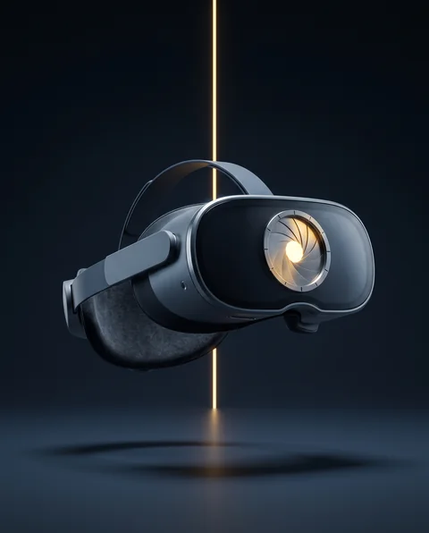 The SEAM headset floating in a dark studio with its iris half open.