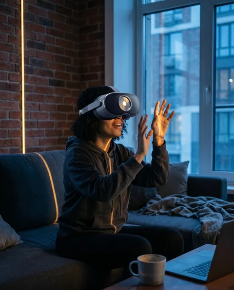 A woman on a sofa wearing the SEAM headset, the iris the only warm light.